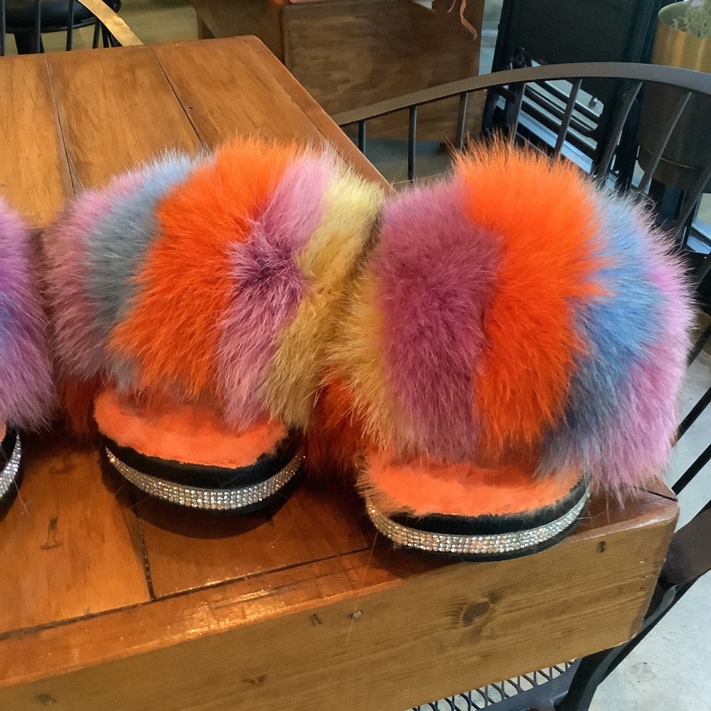 Multi colored faux fur slides